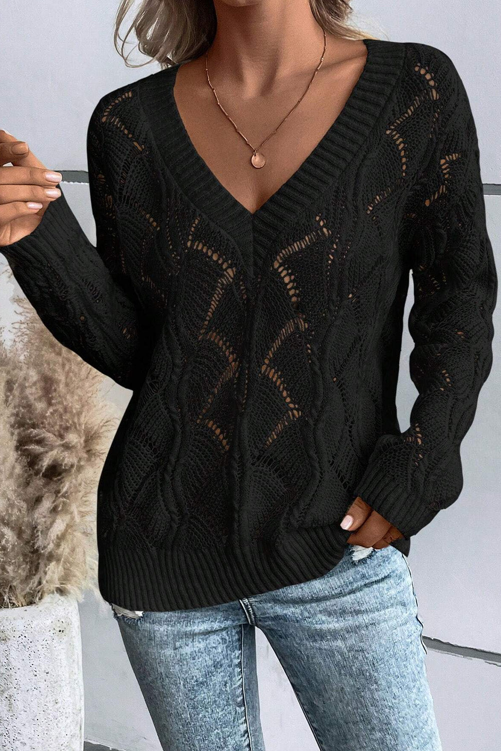 Mint Green Hollow Out Knit V Neck Drop Shoulder Sweater eAura