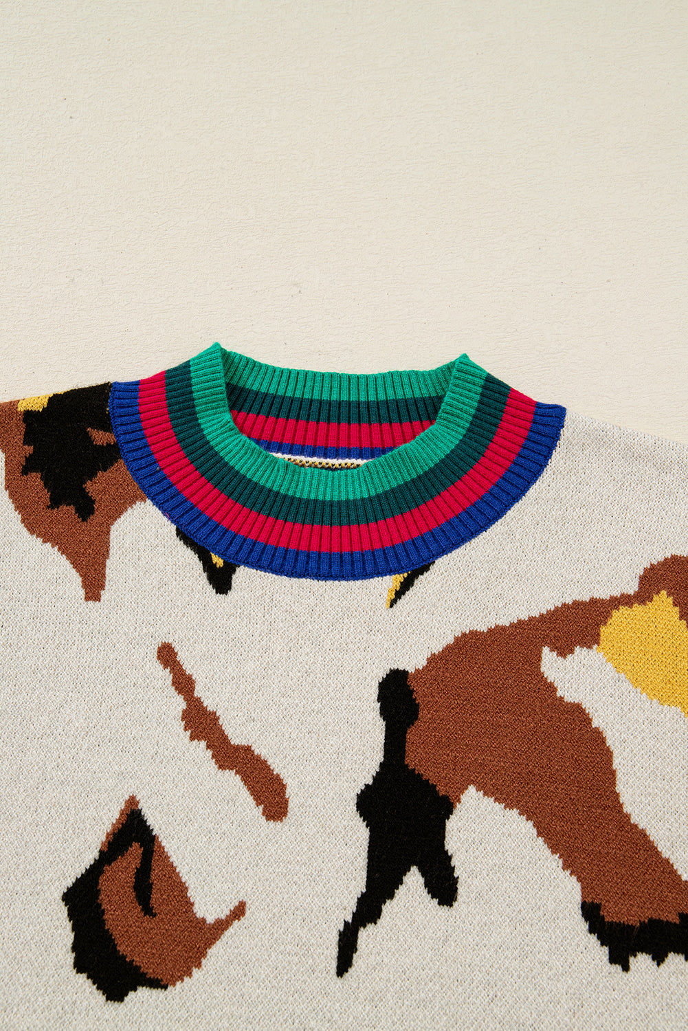 Contrast Ribbed Stripes Detail Animal Pattern Knit Sweater eAura
