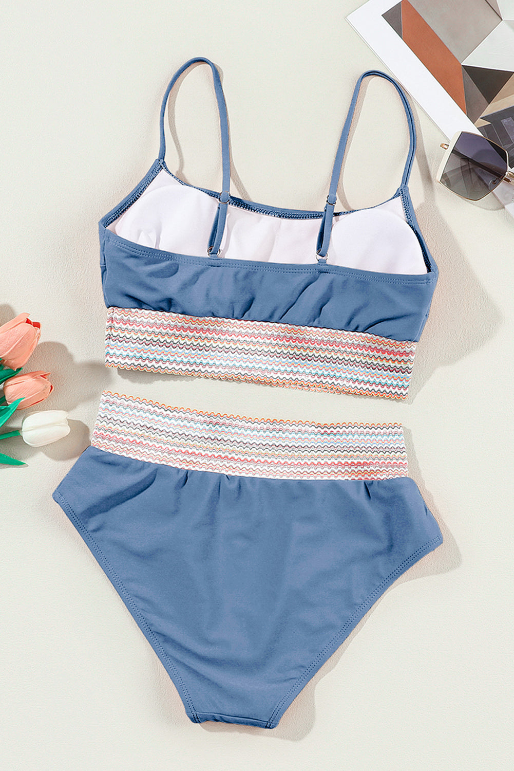Blue Stitch Border 2-Piece High Waist Bikini Set
