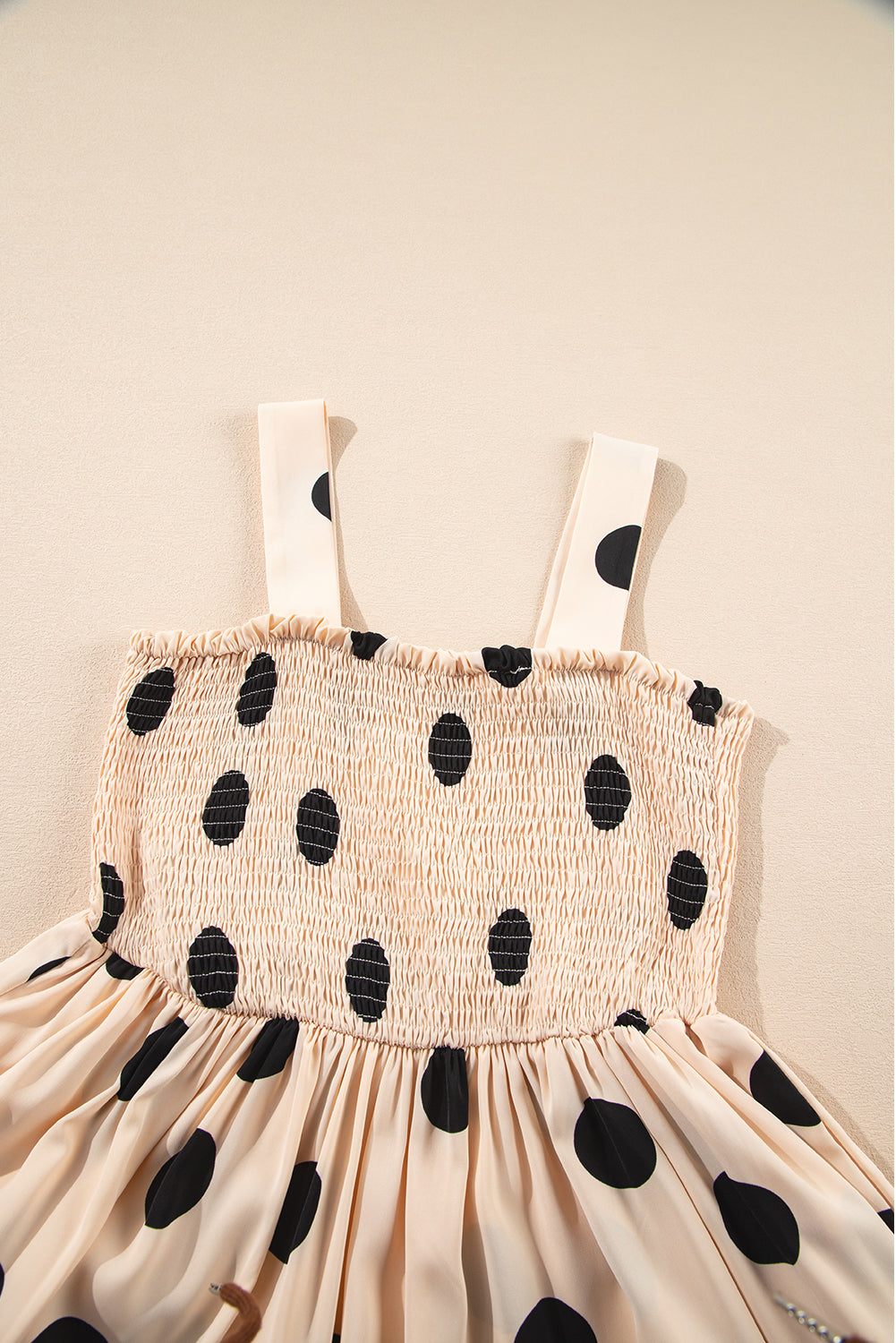 Oatmeal Polka Dot Smocked Fit Flared Sleeveless Long Dress eAura