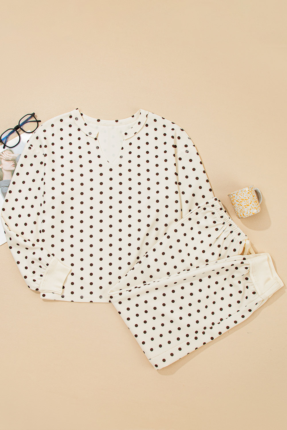 White Polka Dot Print Long Sleeve Top and Drawstring Bottoms Pyjamas eAura