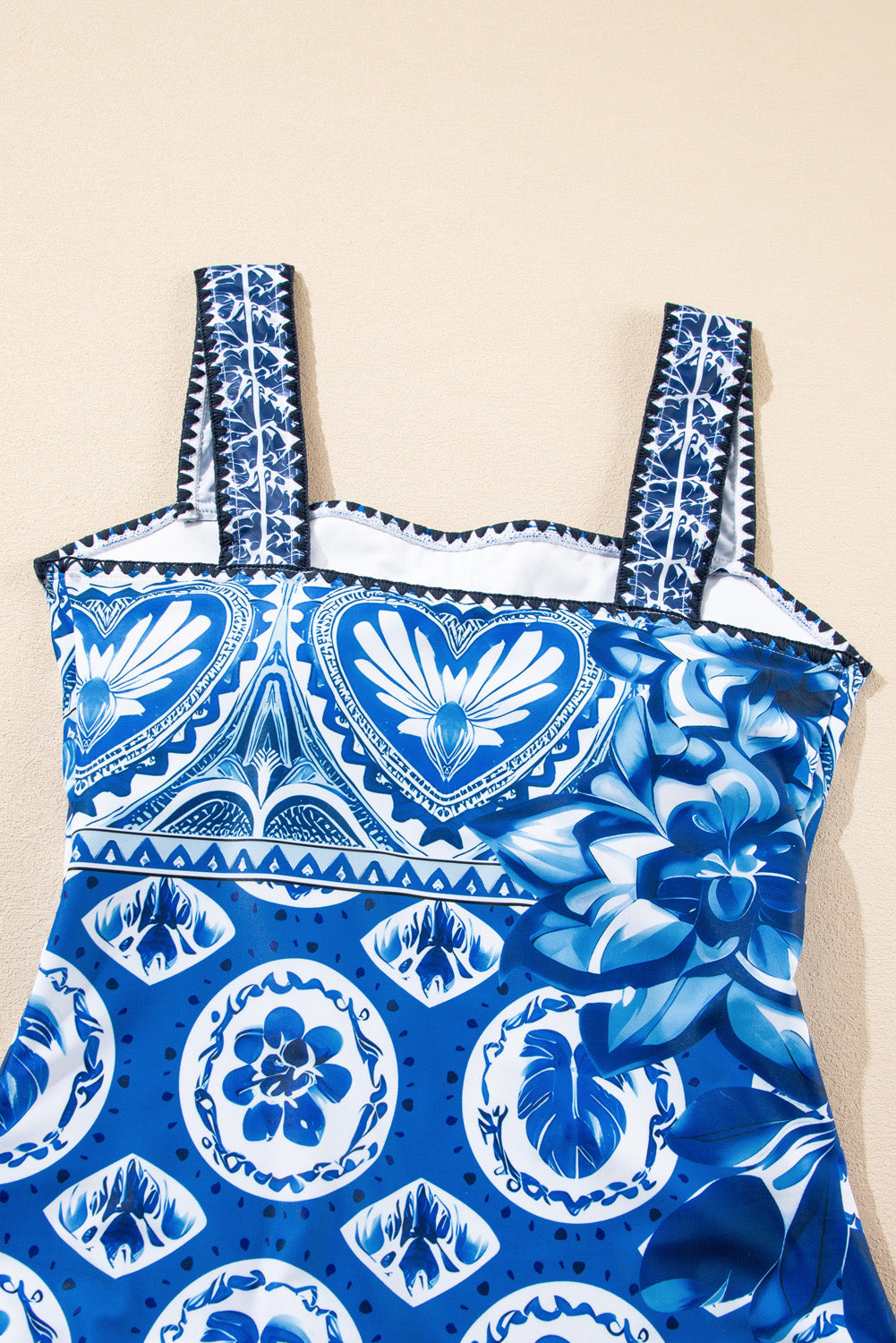 Blue Tile Pattern Ricrac Wide Straps Sheath One Piece Swimsuit eAura