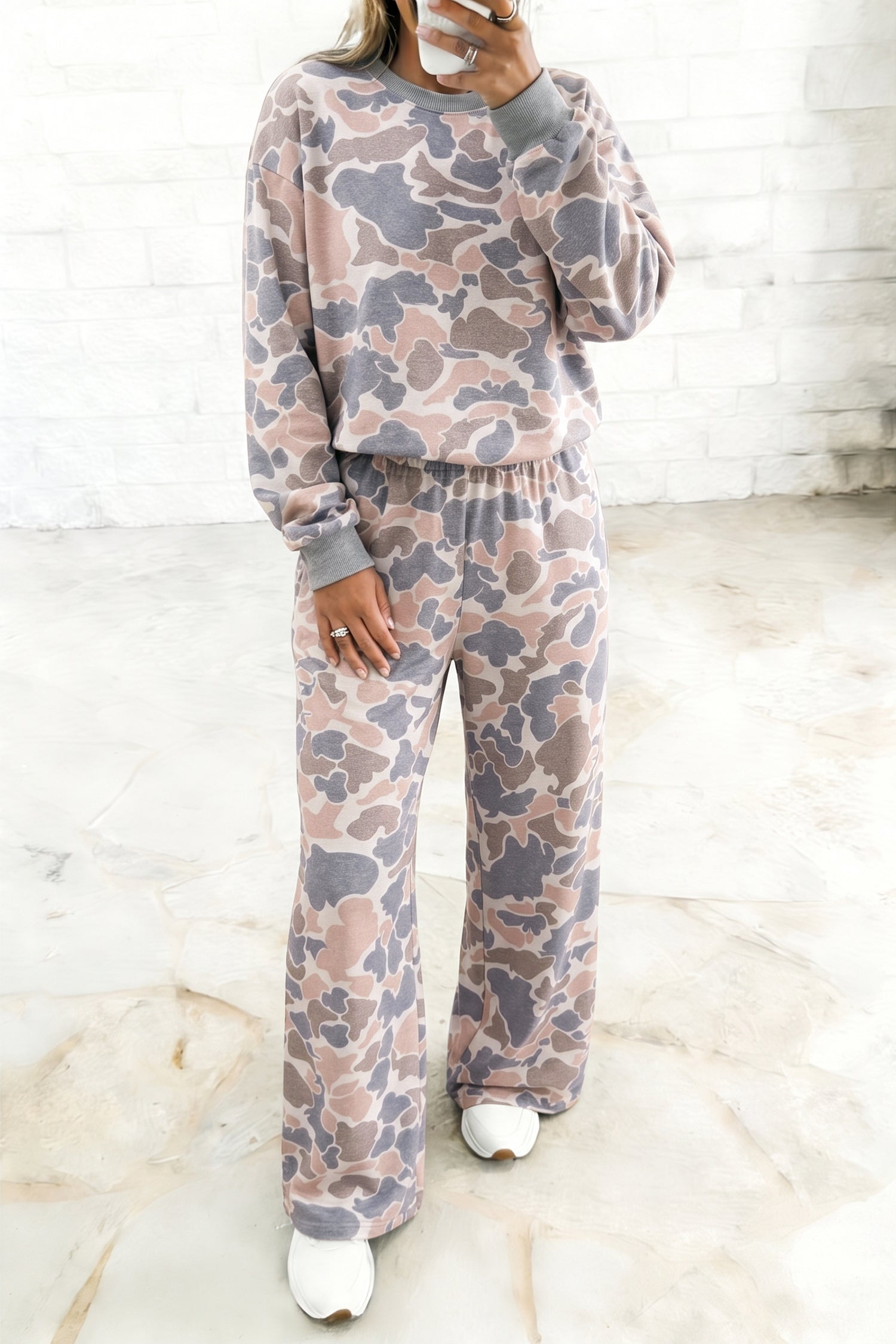 Camouflage Print Long Sleeve Top Loose 2pcs Pants Set – Multicolour