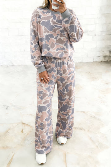 Camouflage Print Long Sleeve Top Loose 2pcs Pants Set – Multicolour
