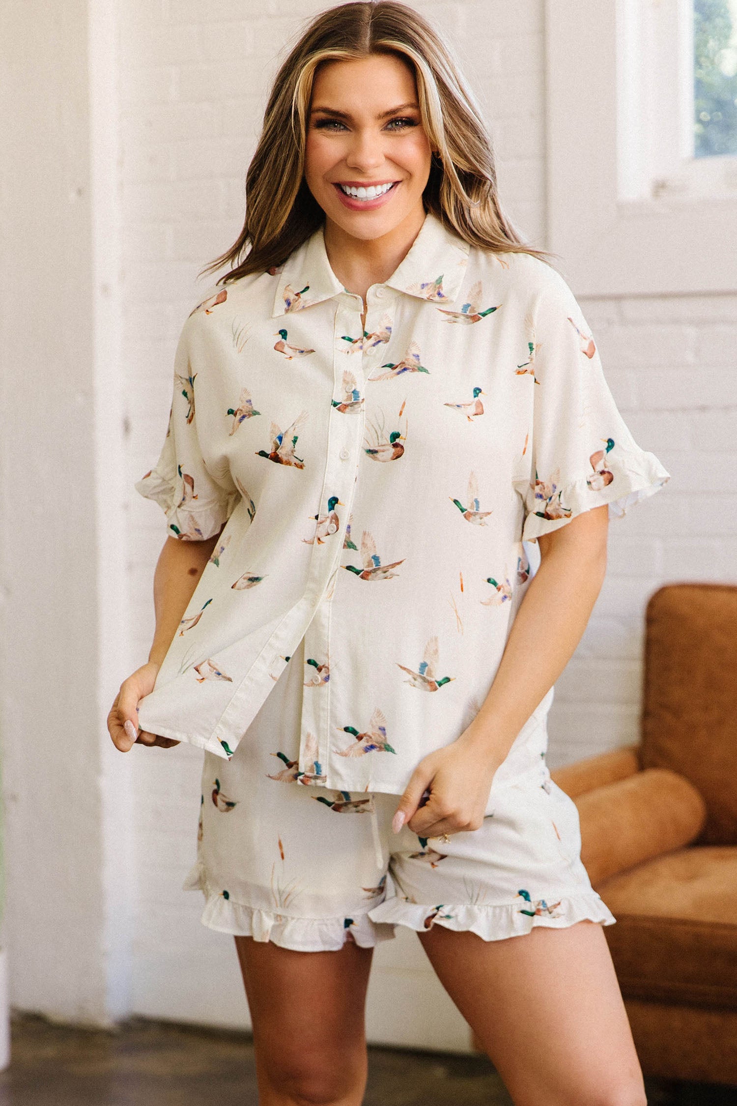 Beige Mallard Print Shirt & Shorts Two Piece Set