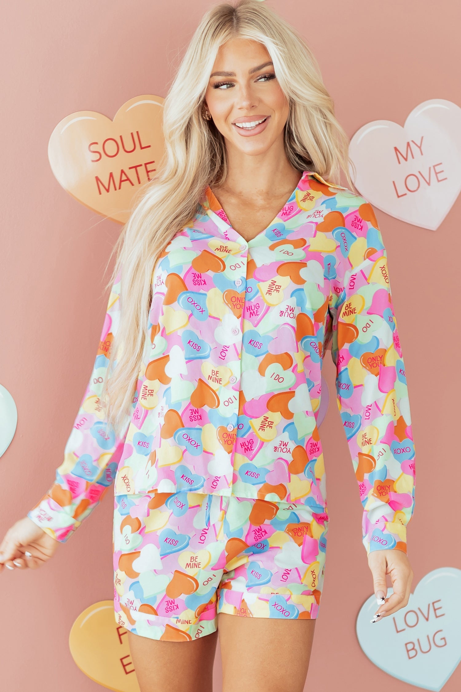 Candy Heart V-Neck Collared Tunic Shirt and Shorts Pyjama Set - eAura