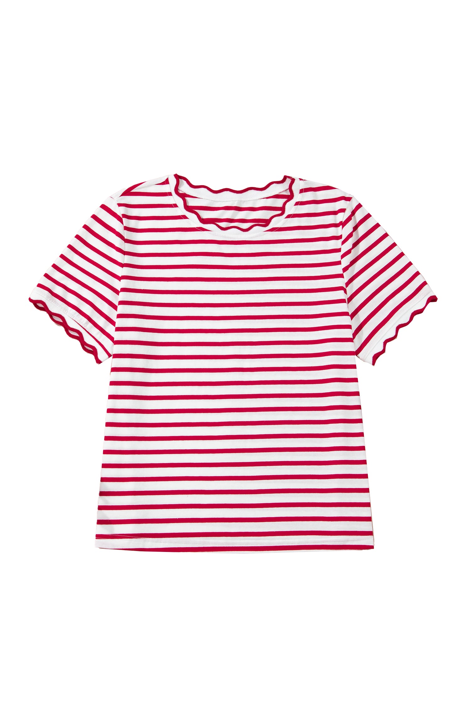 Stripe Scalloped Trim Round Neck T-Shirt