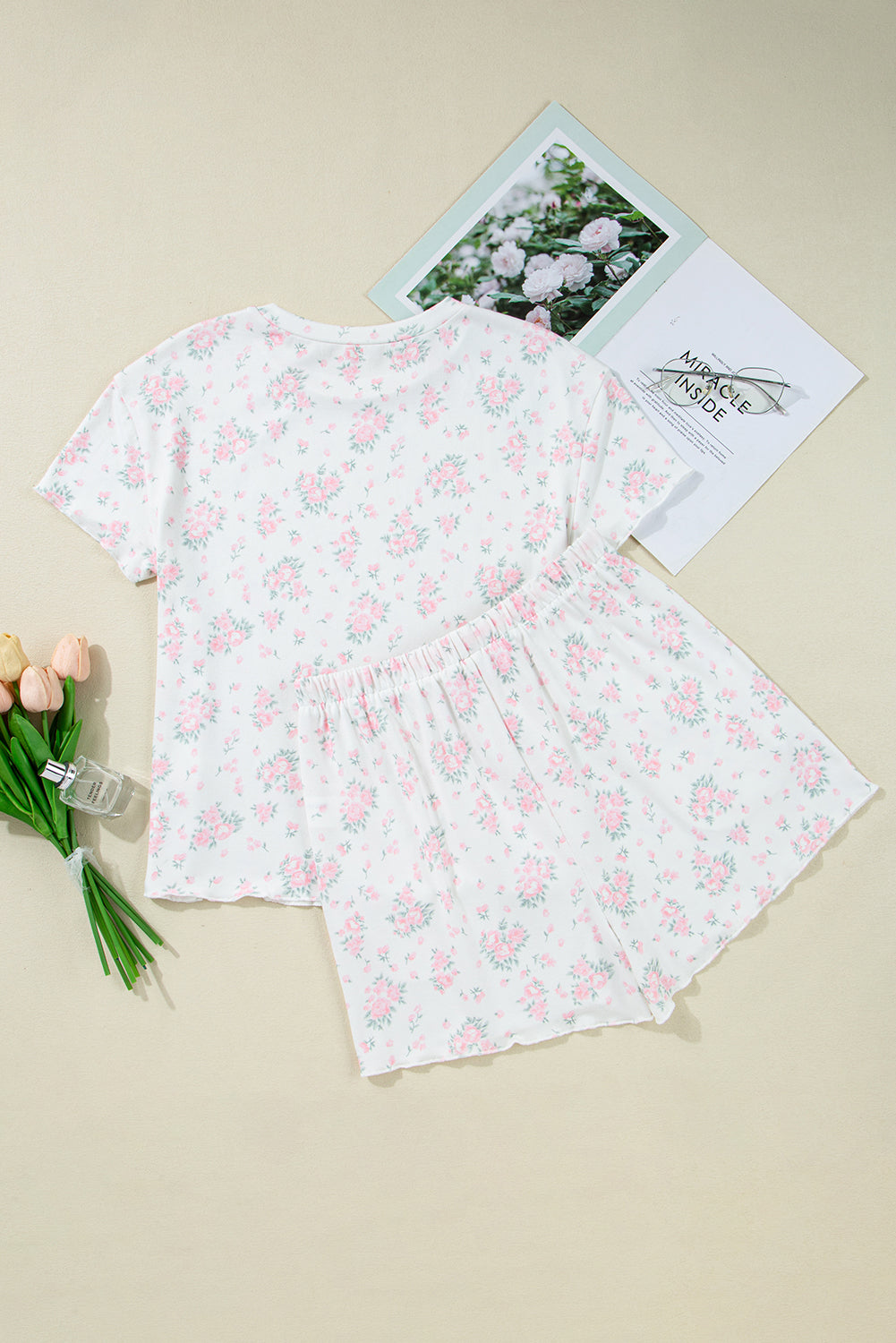 Pink Floral Lettuce Trim Tee and Shorts Ribbed Lounge Set eAura