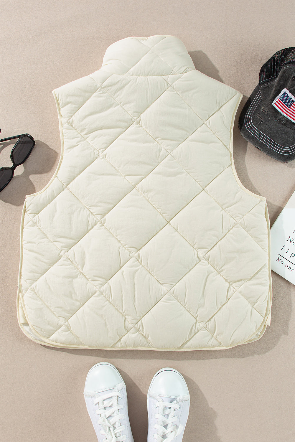 Quilted High Neck Button-Up Pocket Gilet – Beige