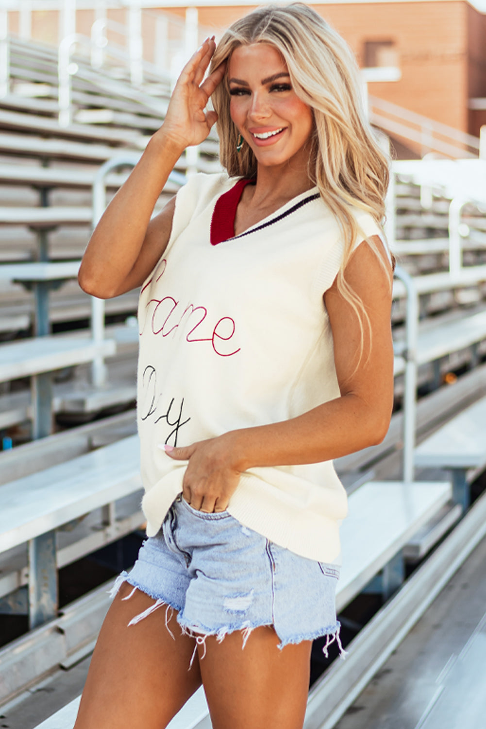 White Vintage Game Day Sweater Tank Top eAura