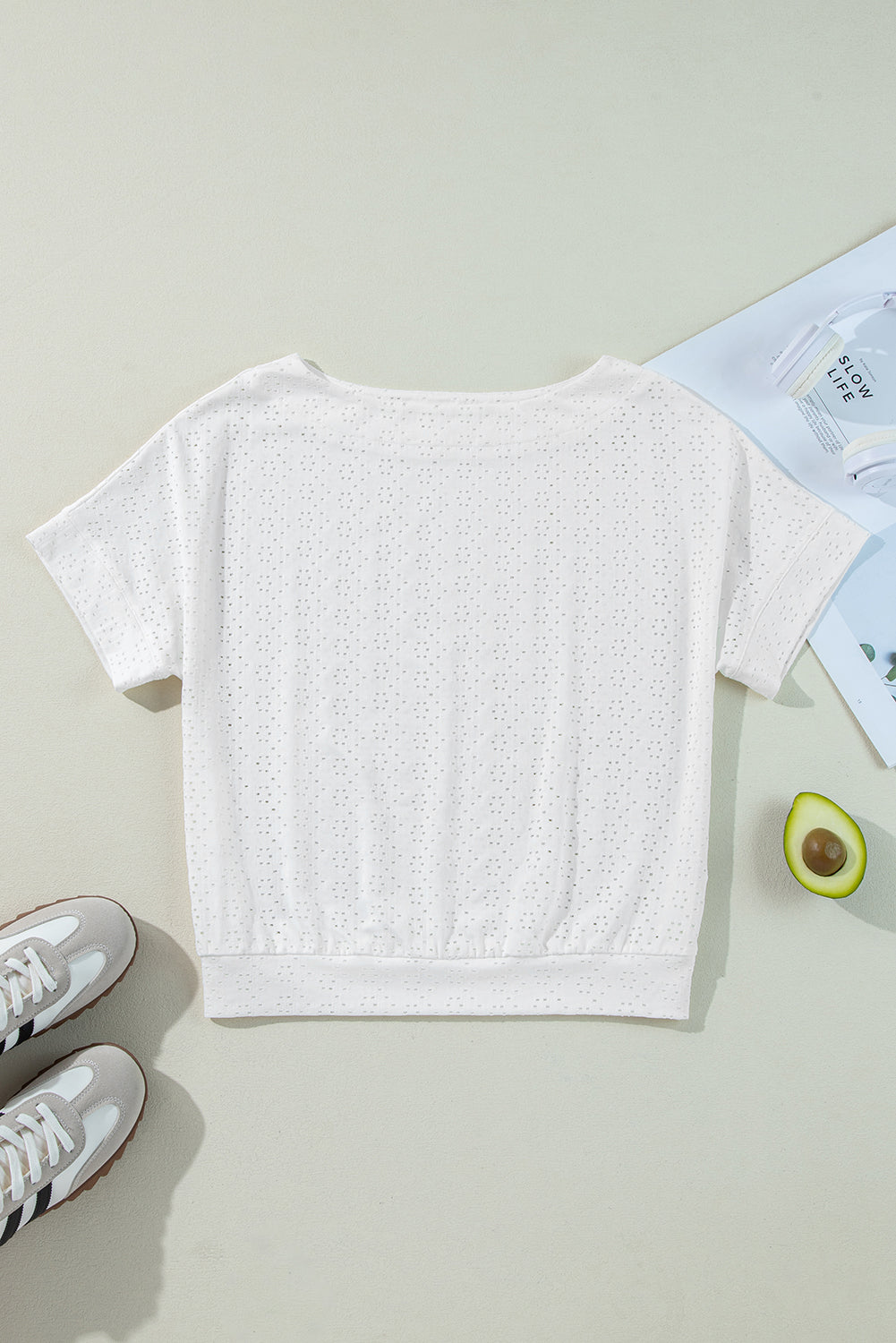 White Eyelet Pattern Boat Neck Casual Tee eAura