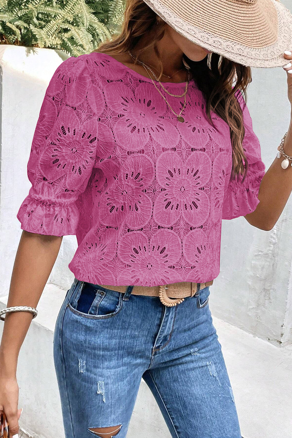 Black Flower Eyelet Jacquard Keyhole Flounce Sleeve Top eAura