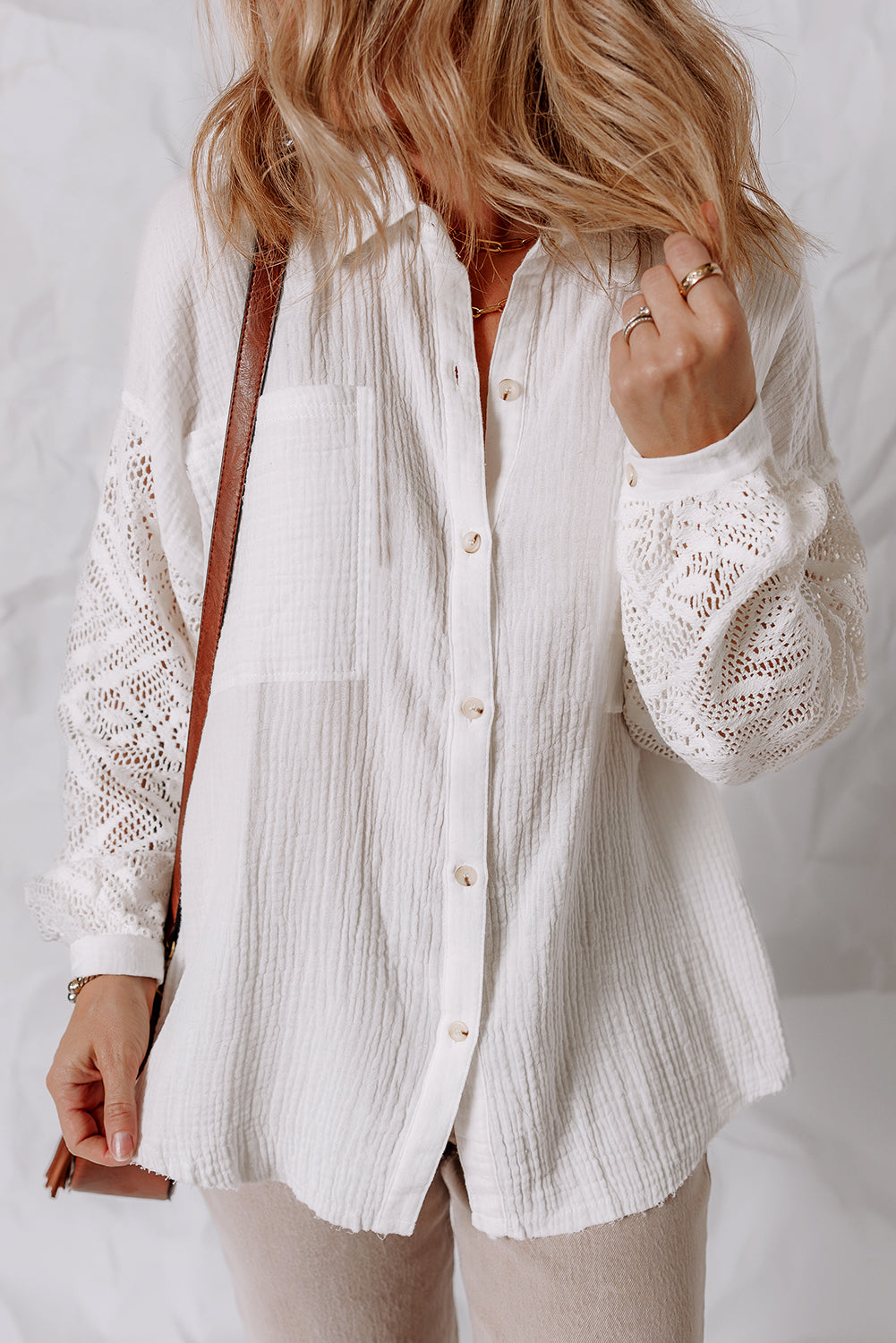 White Cotton Gauze Lace Patchwork Long Sleeve Shirt - eAura