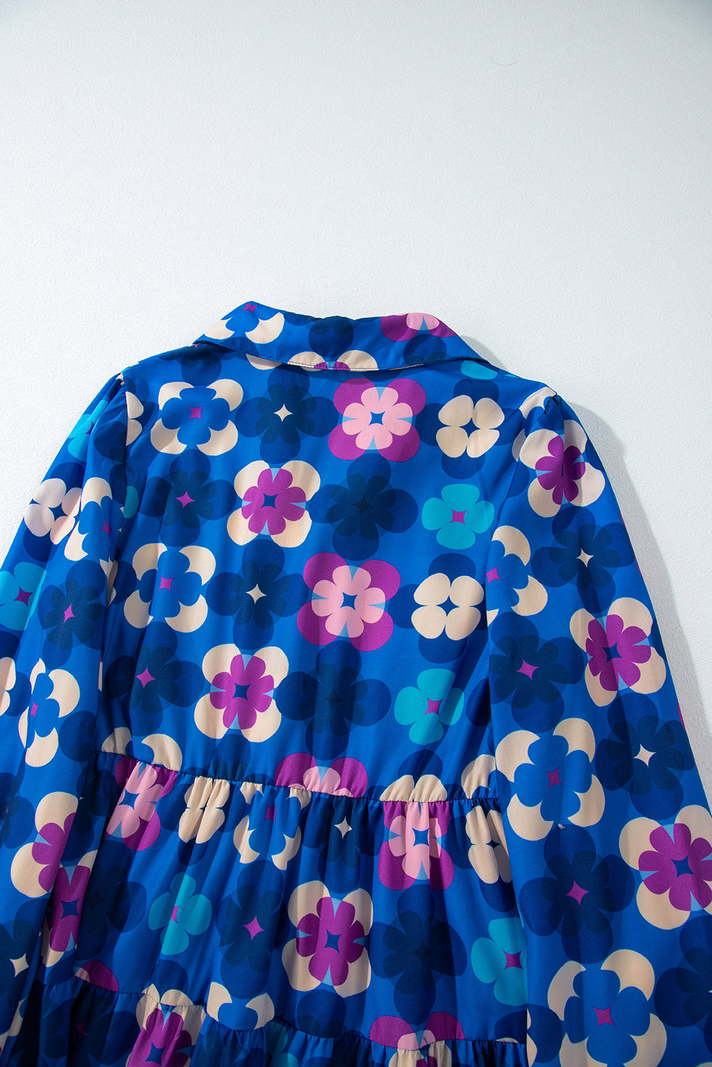 Blue Floral Peasant Sleeve Tiered Ruffle Midi Dress eAura