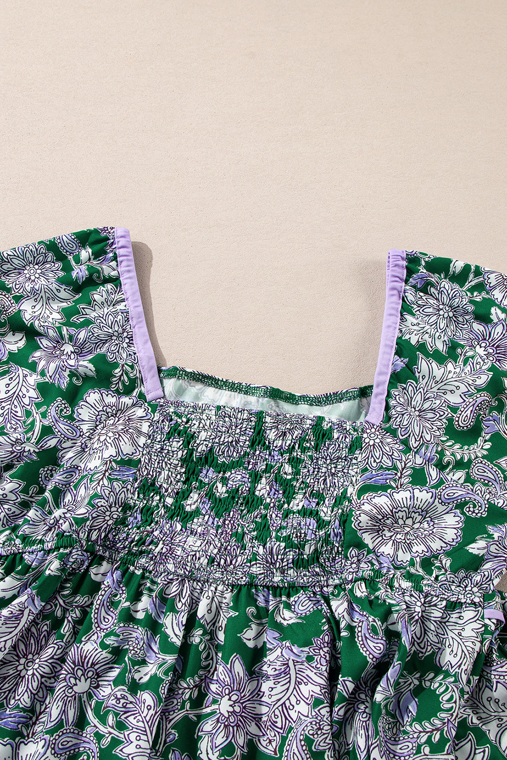 Green Floral Print Piping Trim Bubble Sleeve Square Neck Dress BB Fashion Outlet