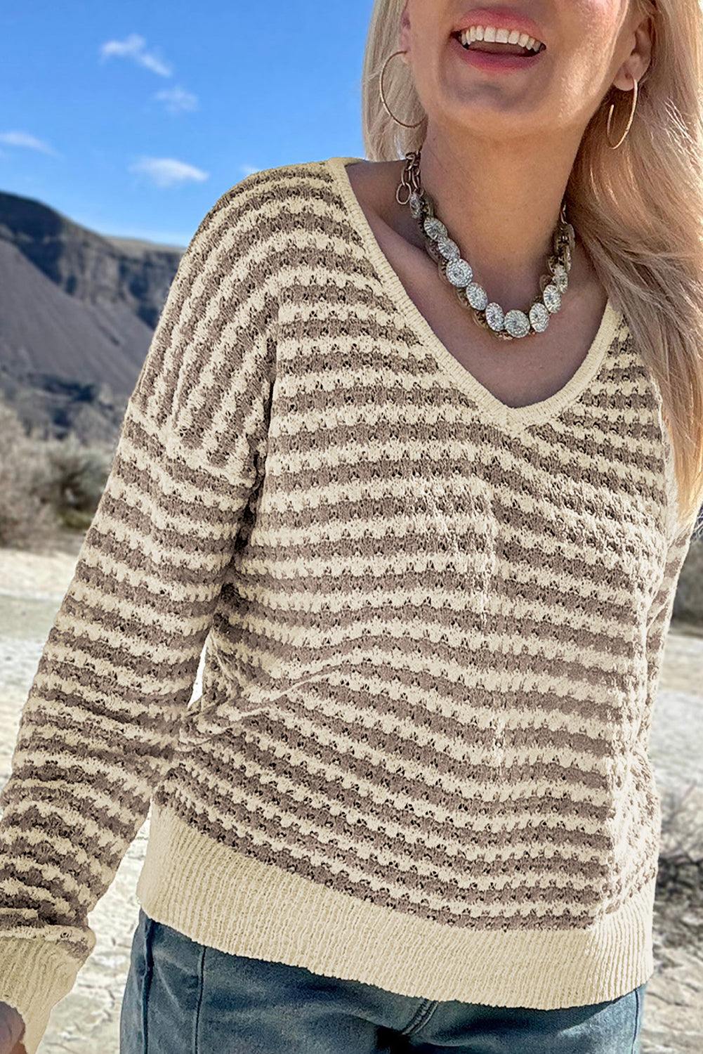 Stripe Plus Size V-Neck Drop Shoulder Sweater - eAura