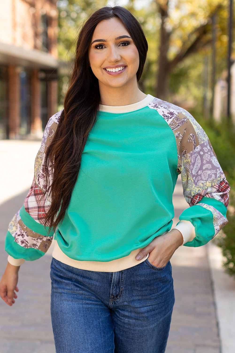 Aruba Blue Plaid Vintage Paisley Patchwork Long Sleeve Raglan Top Beagle Boutique Fashion Outlet
