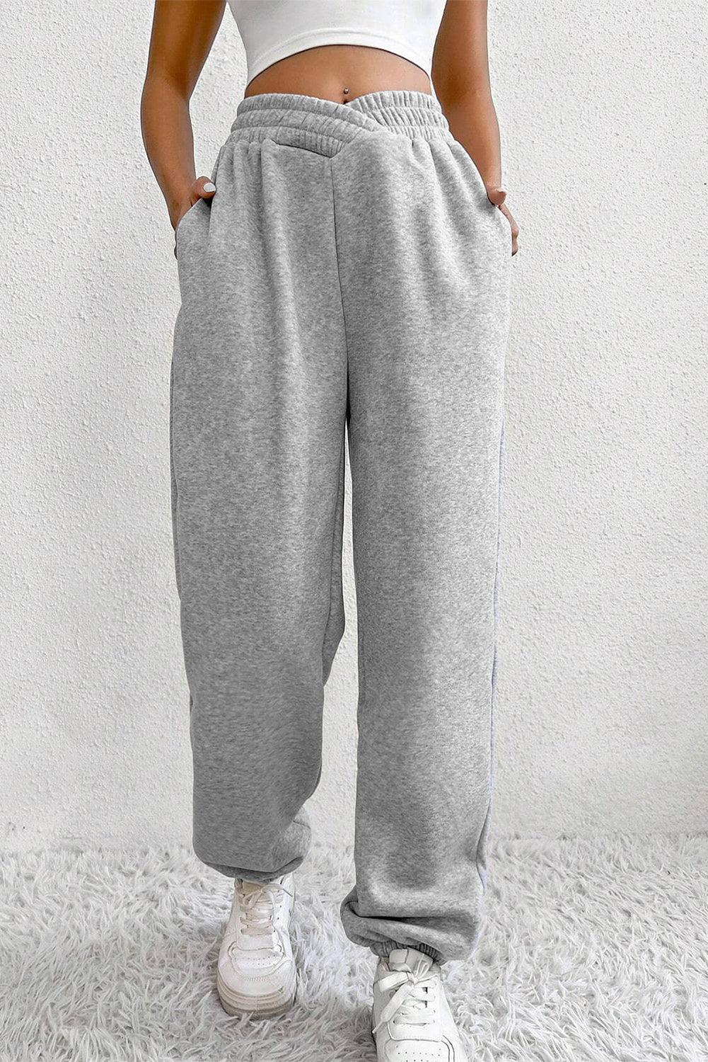 Solid Color Crisscross Elastic Waist Sweatpants – Light Grey