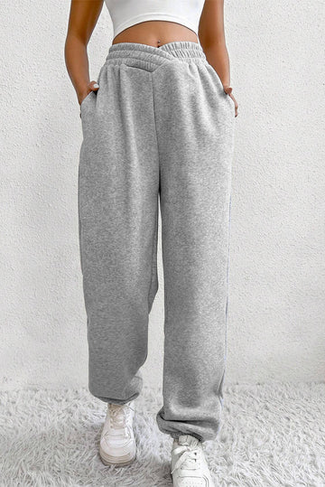 Solid Color Crisscross Elastic Waist Sweatpants – Light Grey