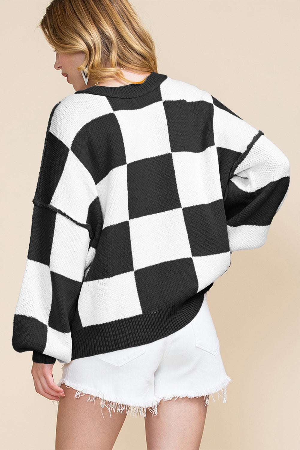 Checkered Bishop Sleeve Sweater – Rose, Pink, Green, Brown, Red & Black