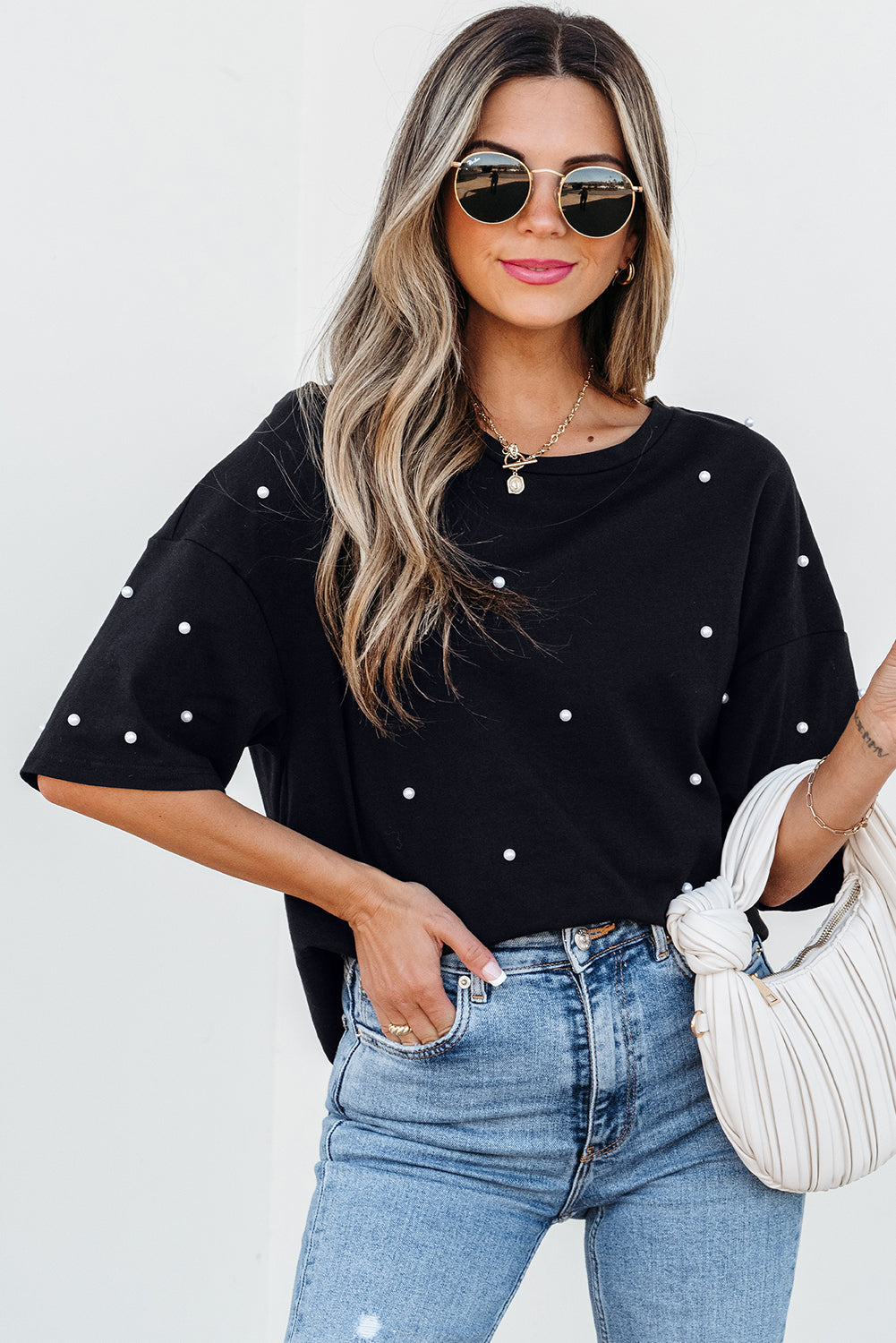 Black Pearl Beaded Drop Shoulder Crewneck T Shirt eAura