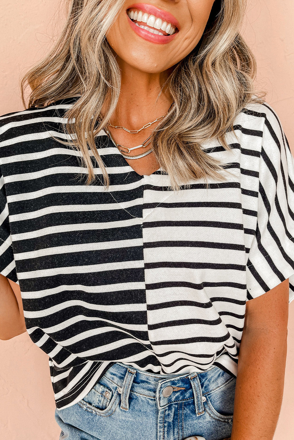 Black Stripe Two Tone Colorblock V Neck T Shirt BB Fashion Outlet