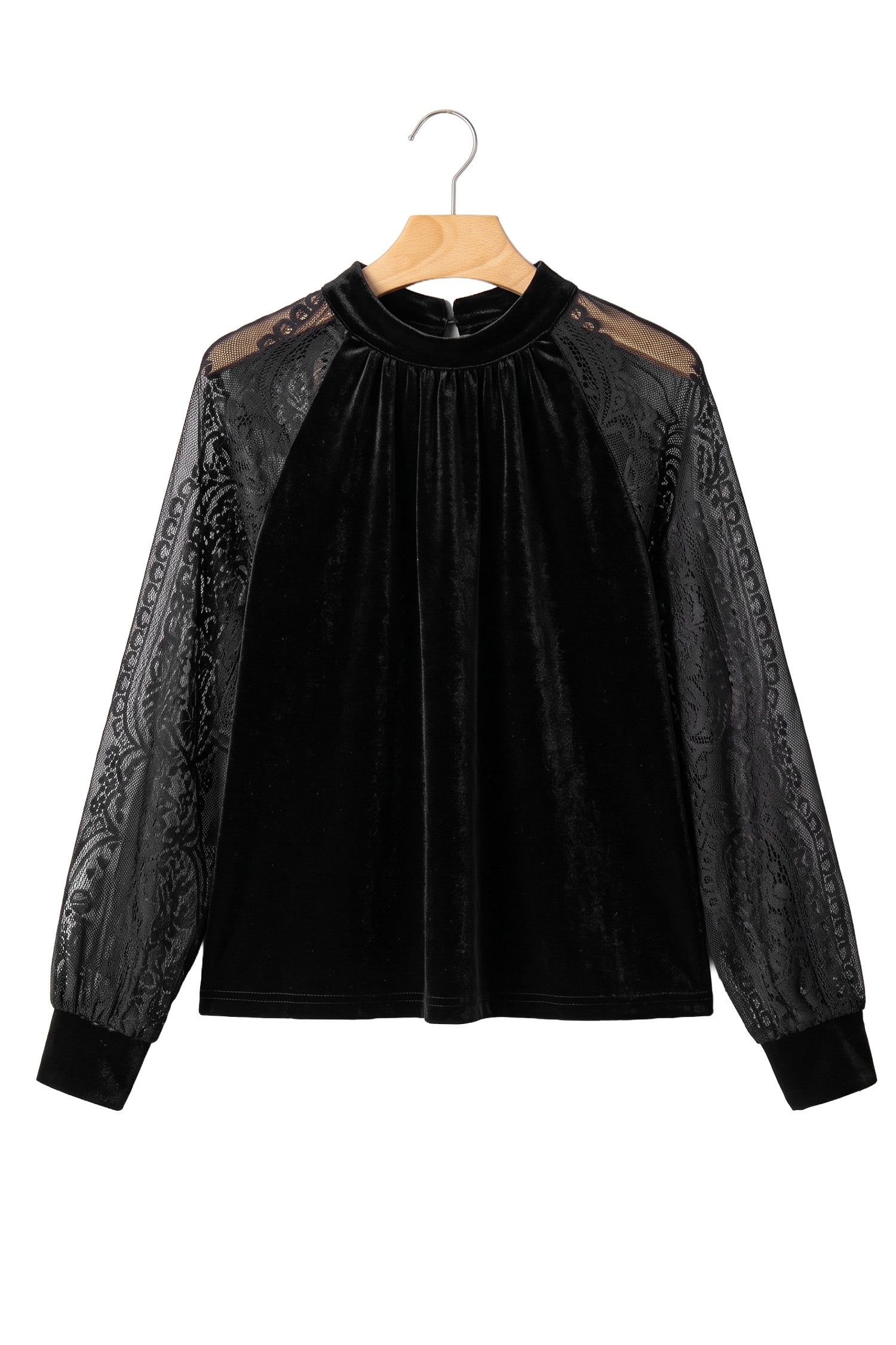 Solid Color Sheer Lace Long Sleeve Patchwork Stand Neck Velvet Blouse – Color Black