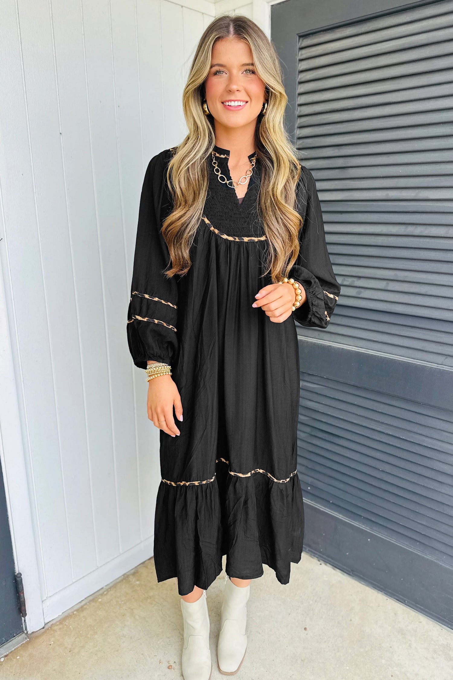 Contrast Leopard Trim Split Neck Long Sleeve Casual Midi Dress