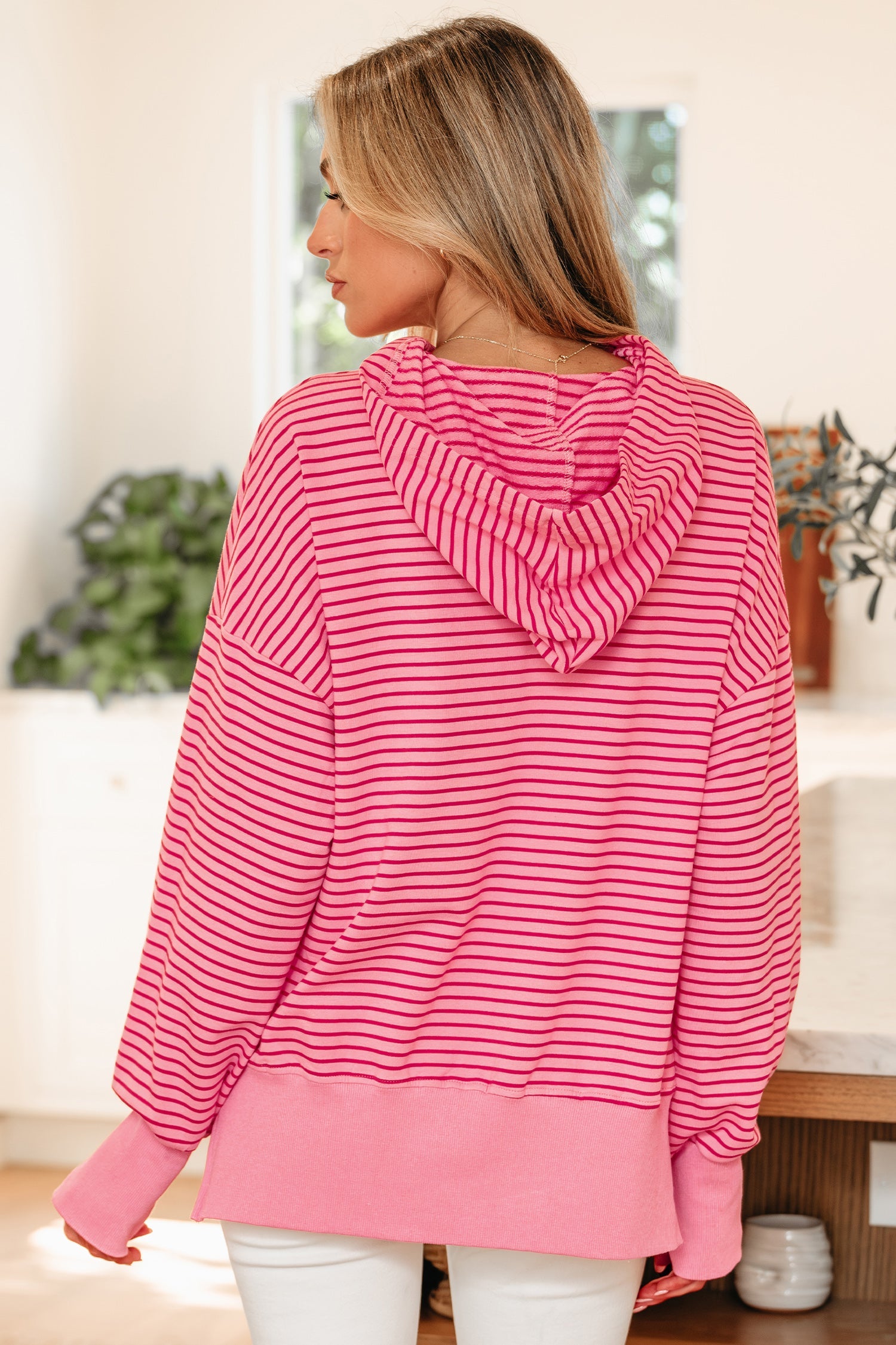 Stripe Thumbhole Side Slits Drop Shoulder Loose Fit Hoodie - Tops/Sweatshirts & Hoodies