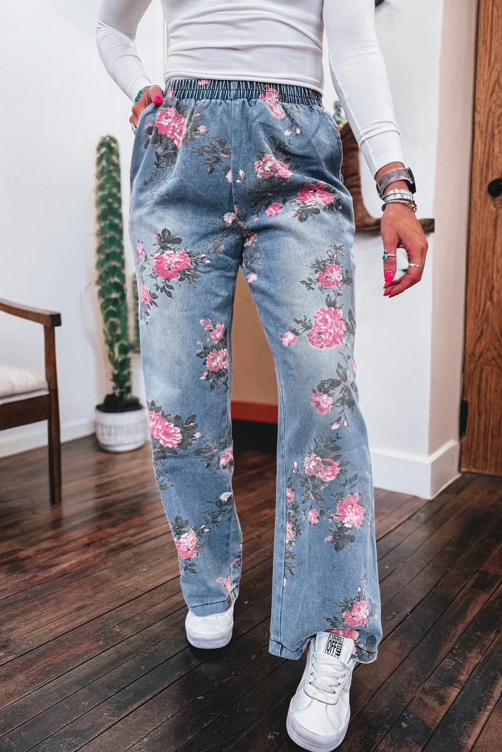 Floral Print Elastic Waist Pull On Casual Jeans