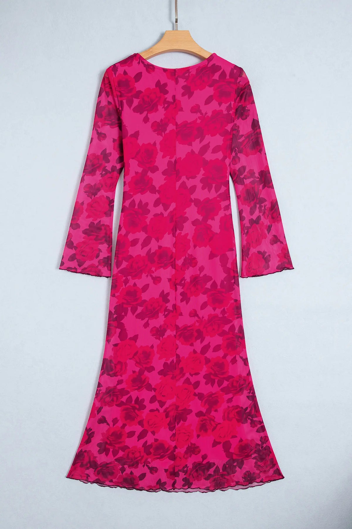 Floral Print Cuff Hem Serging Long Sleeve Sheath Dress – Red