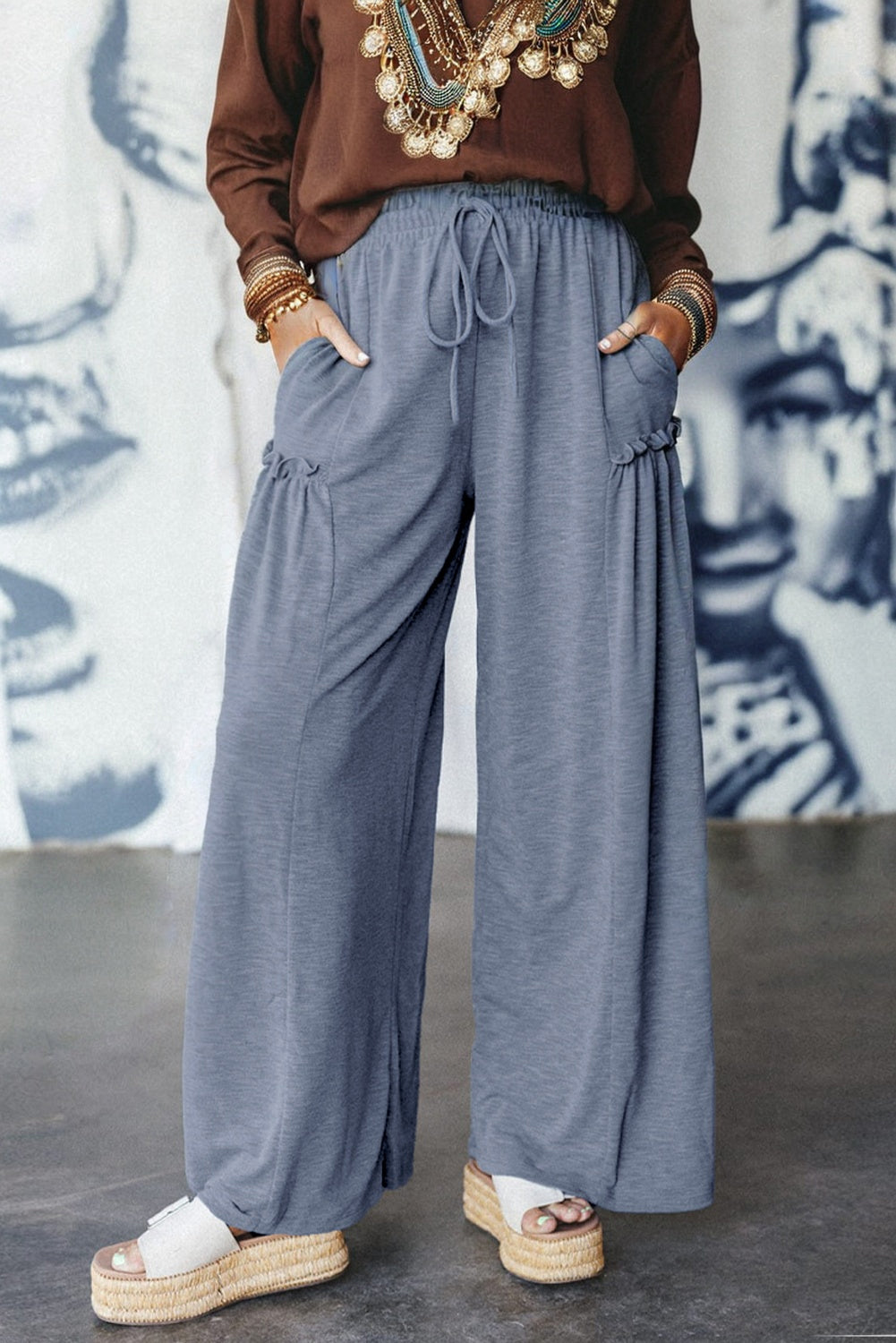 Wide Leg Drawstring Elastic Waistband Trousers eAura