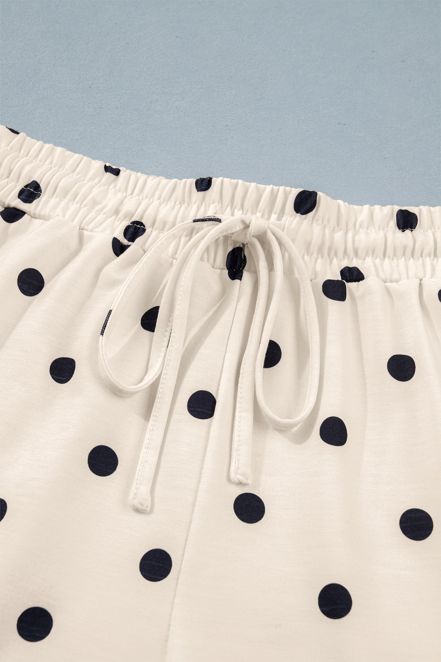 Exposed Seam Detail Polka Dot Loose Tee Drawstring Shorts Set – White