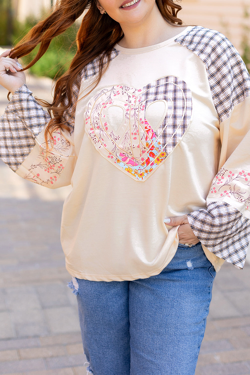 Clearly Aqua Plaid Floral Peace Heart Graphic Wide Long Sleeve Top Beagle Boutique Fashion Outlet