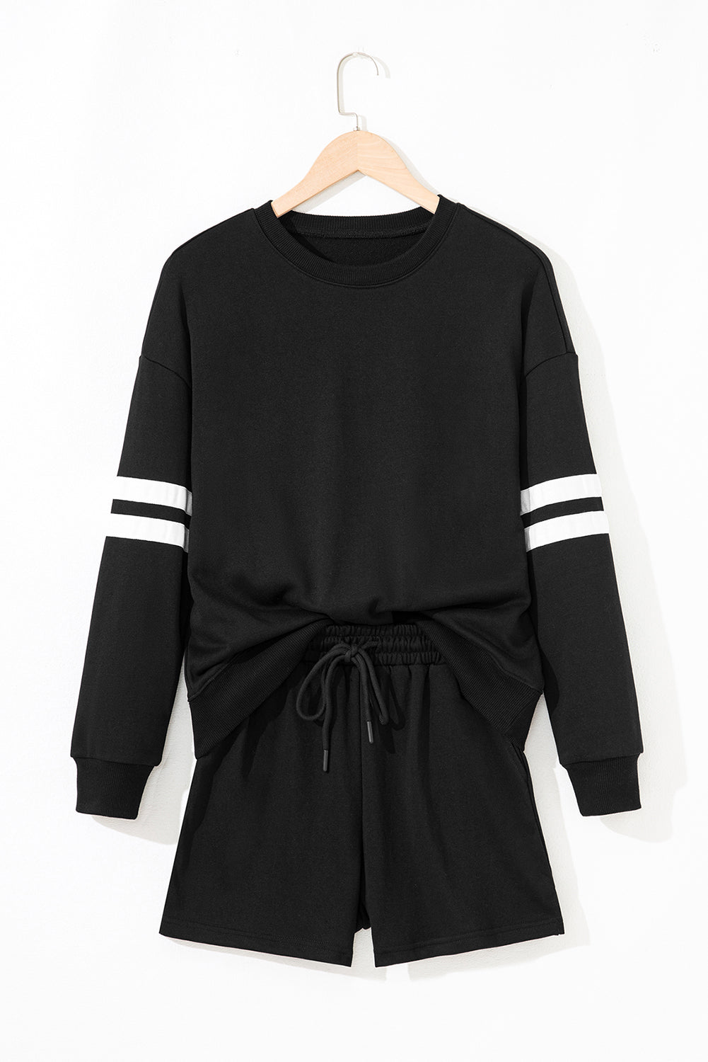 Varsity Striped Sleeve Drop Shoulder Sweatshirt and Shorts Co-ord Set eAura