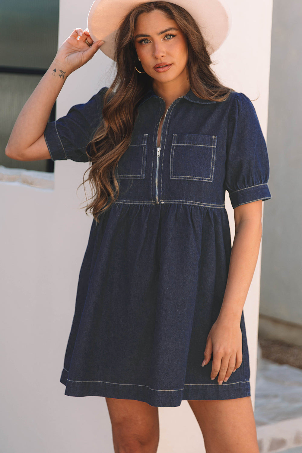 Dirty blue Zipped up Bodice Collared Short Puff Sleeve Denim Dress eAura