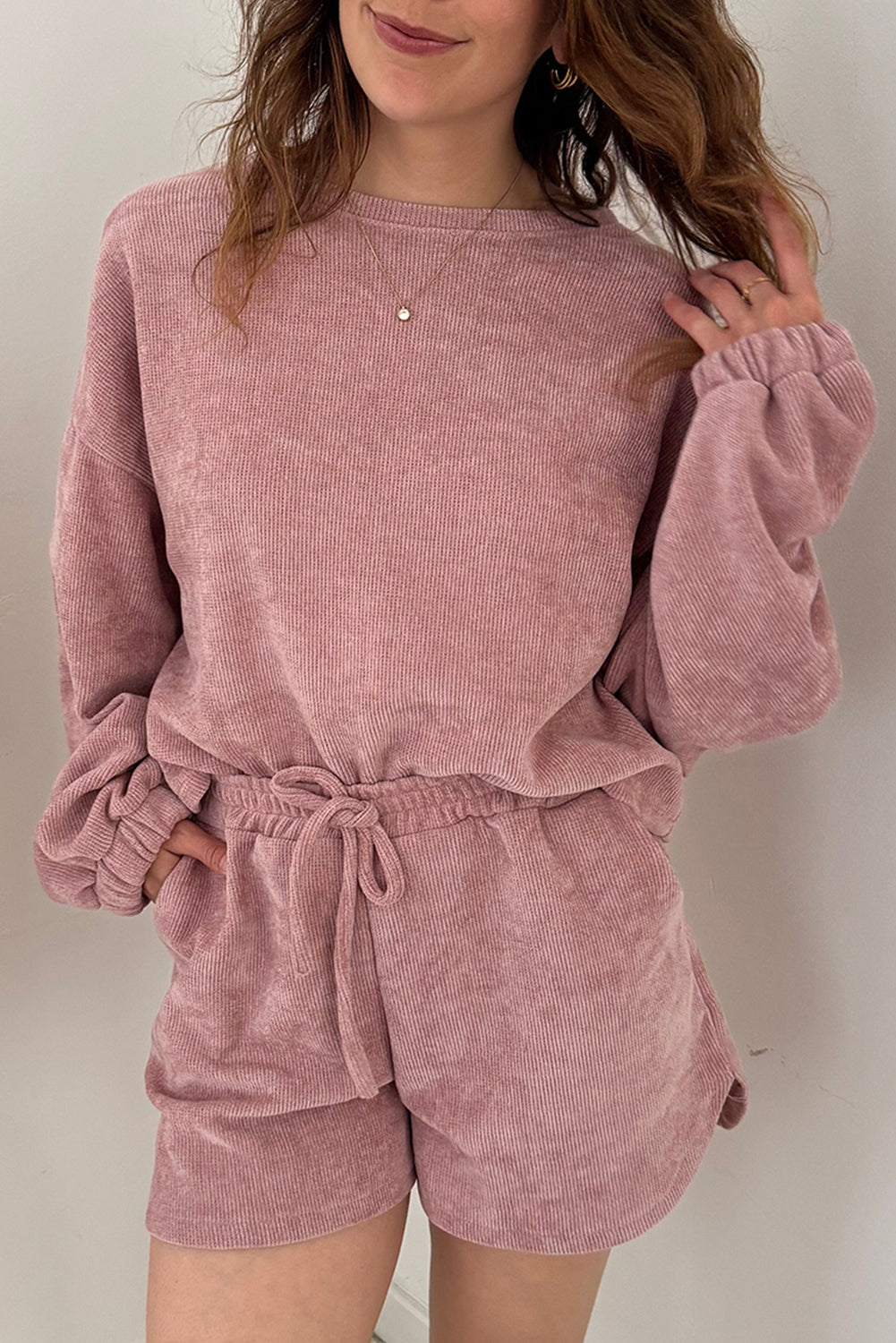 Brown Textured Knit Drop Shoulder Pullover Drawstring Shorts Set - eAura
