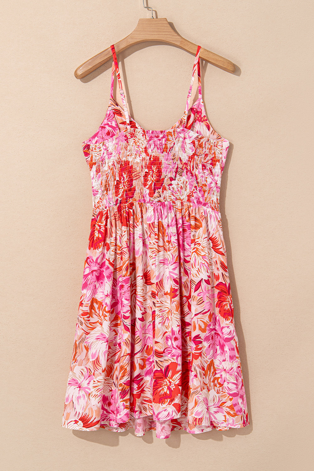 Red Floral Spaghetti Strap Surplice Neck Shirred Waist Mini Dress eAura