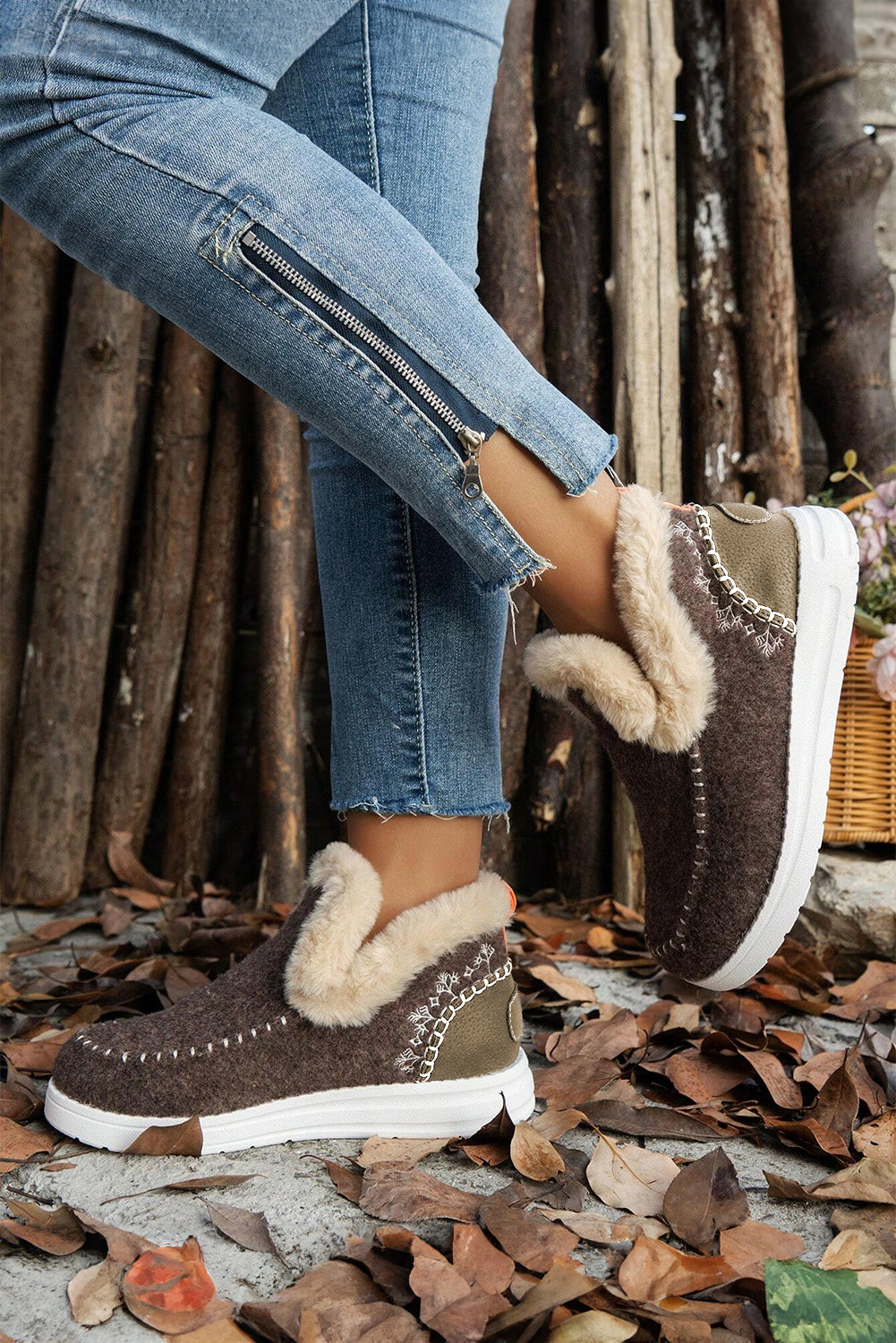 Beige Suede Stitching Patchwork Plush Lined Anklet Boots - eAura