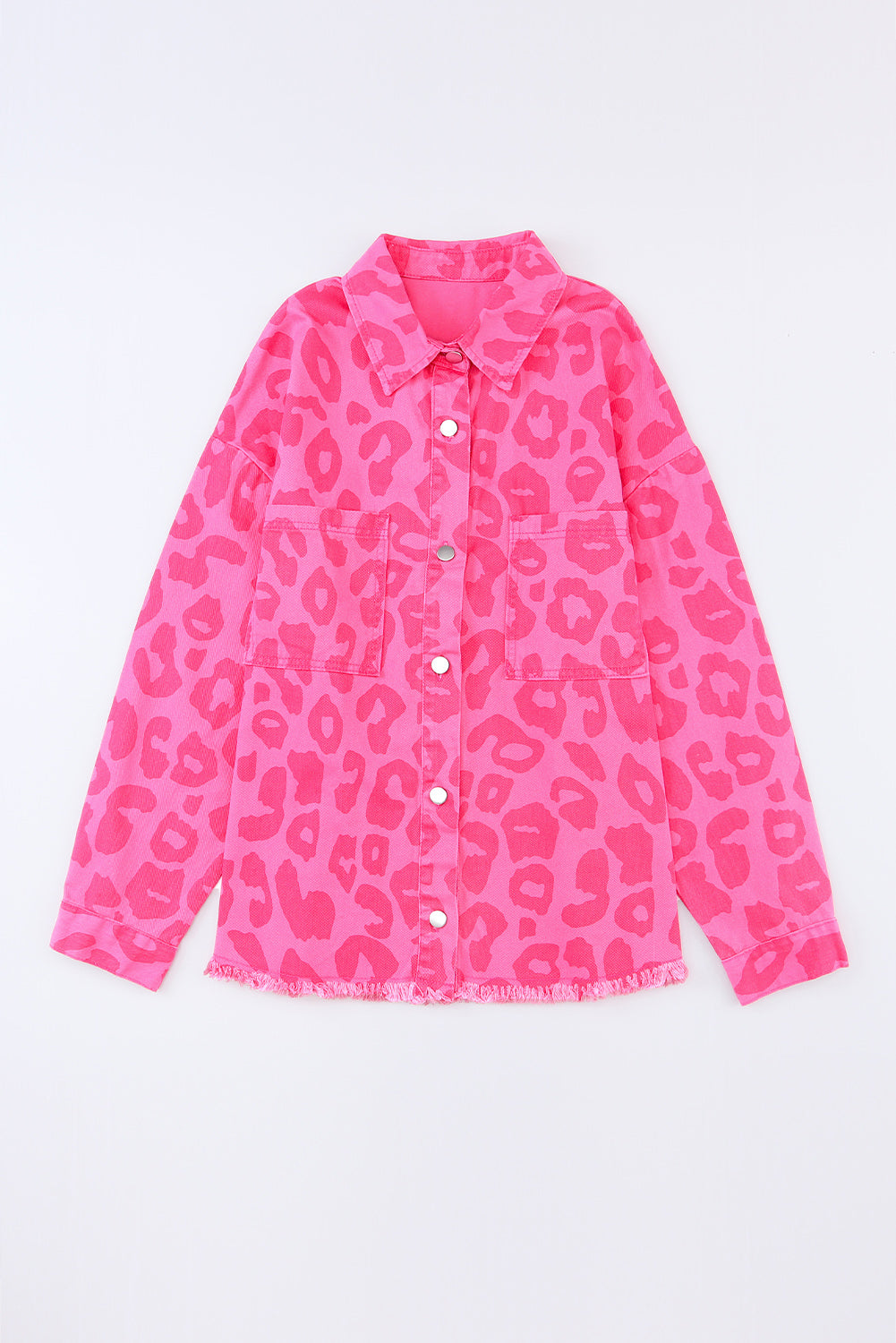 Pink Leopard Print Button Cuffs Raw Hem Jacket eAura