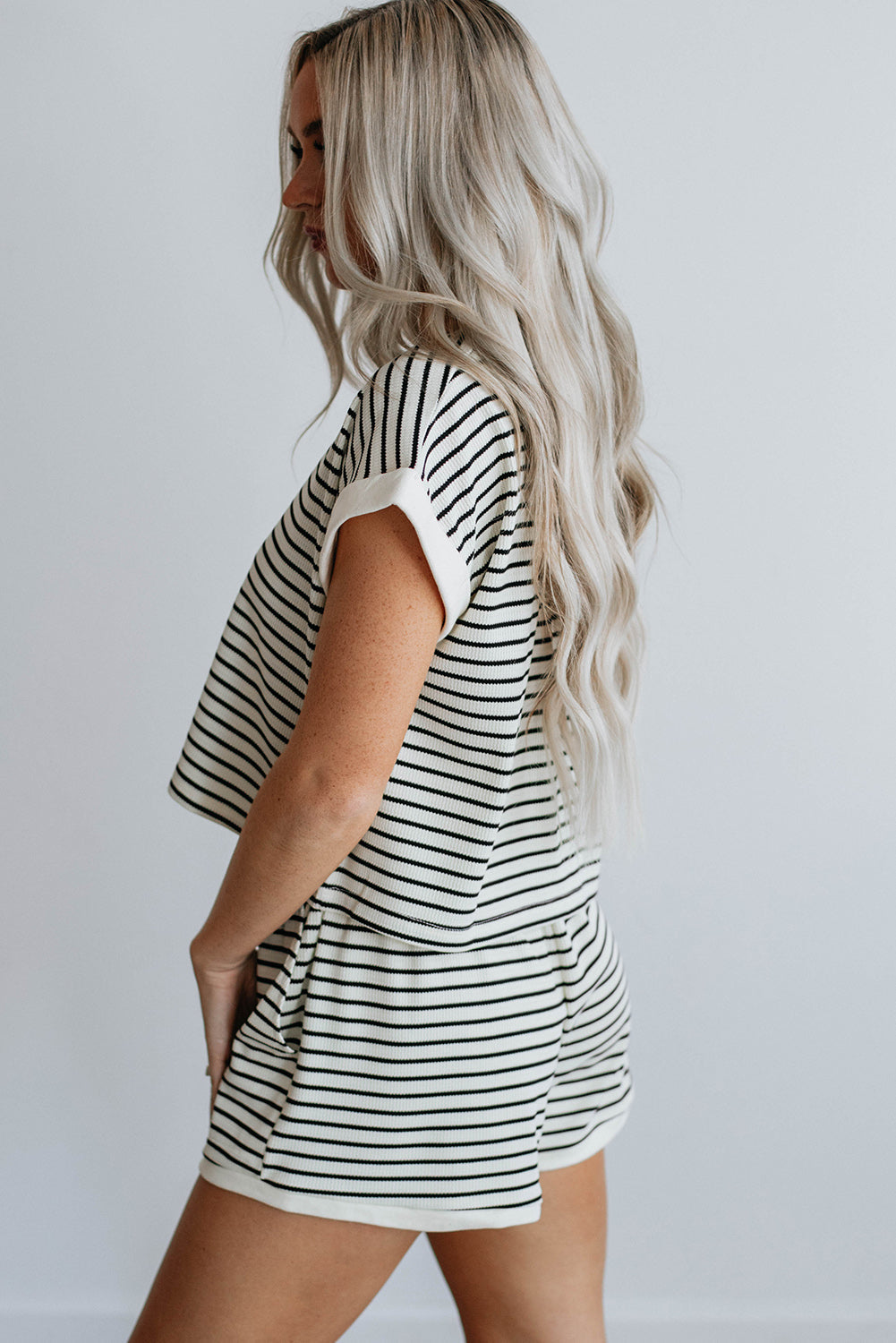 White Stripe Contrast Edge Tee and Shorts Co-ord Set eAura