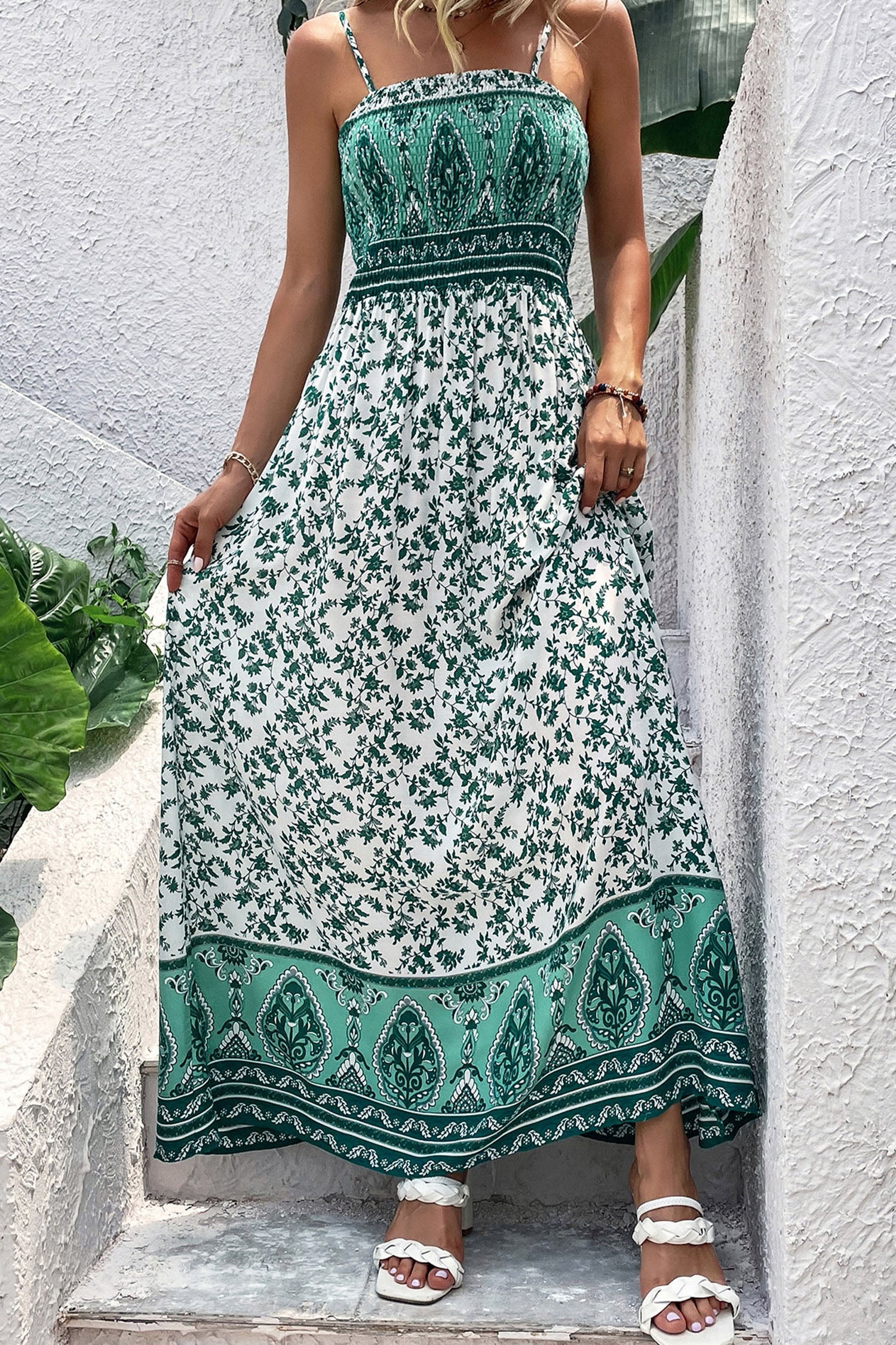 Green Boho Floral Print Shirred Cami Maxi Dress