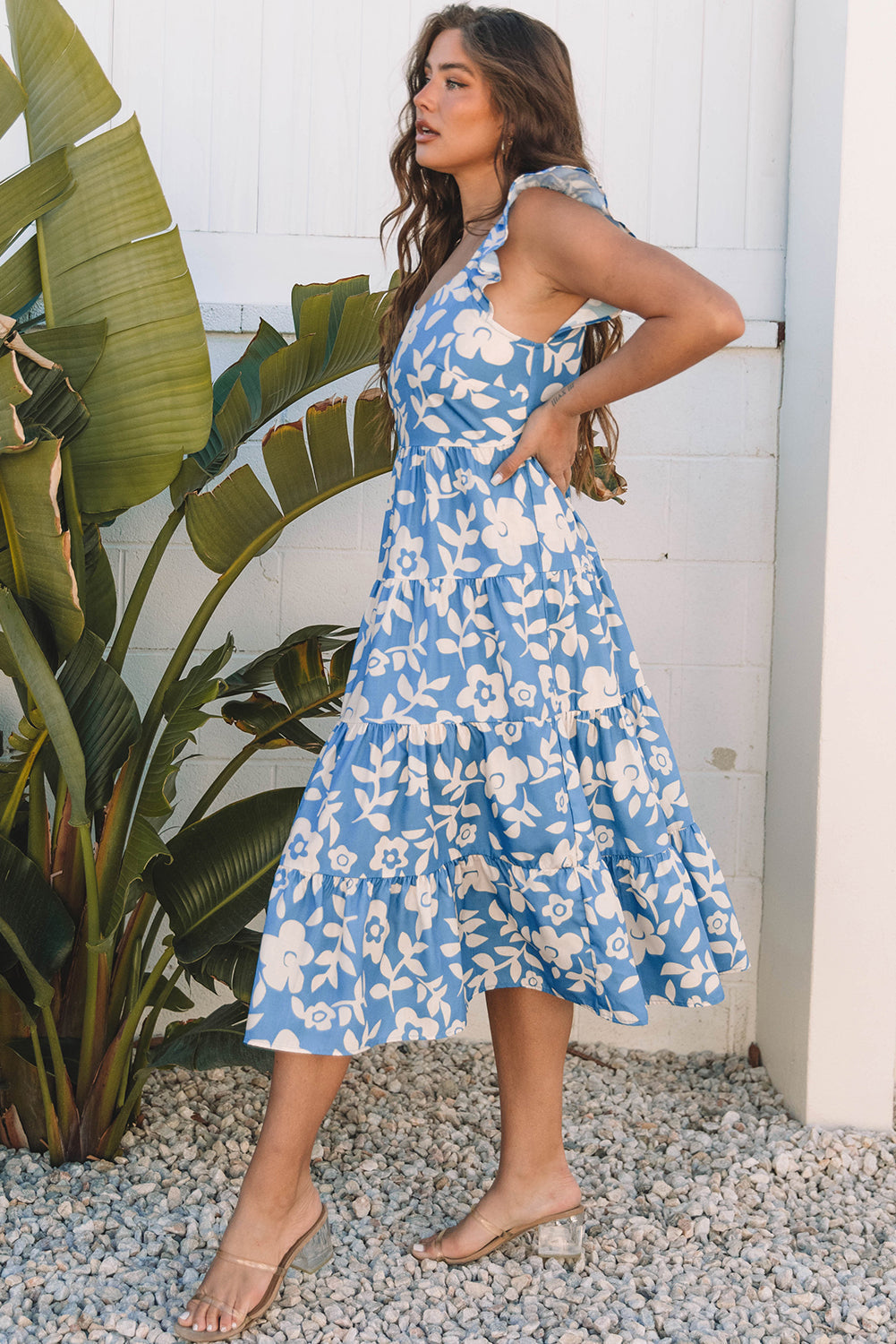 Sky Blue Floral U Neck Flutter Shoulder Tiered Flowy Midi Dress eAura