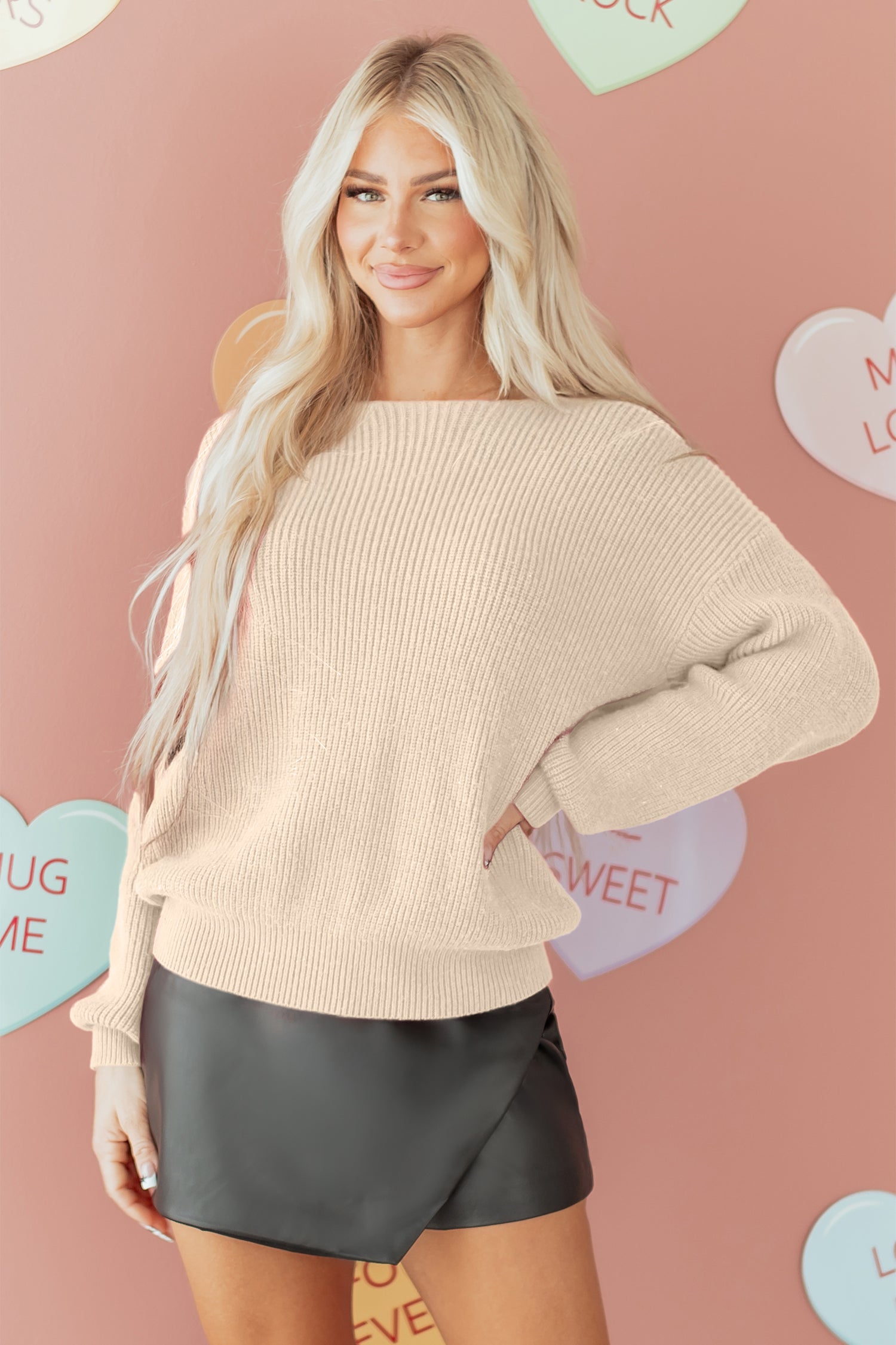 Rib Knit Ribbon Knot Backless Drop Shoulder Sweater - eAura