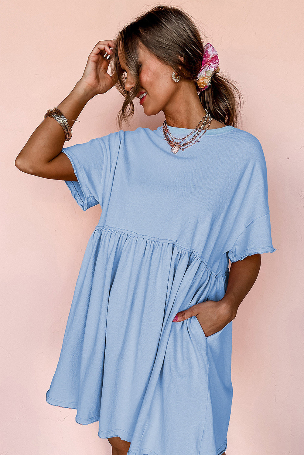 Pocketed Raw Edge Babydoll Dress eAura