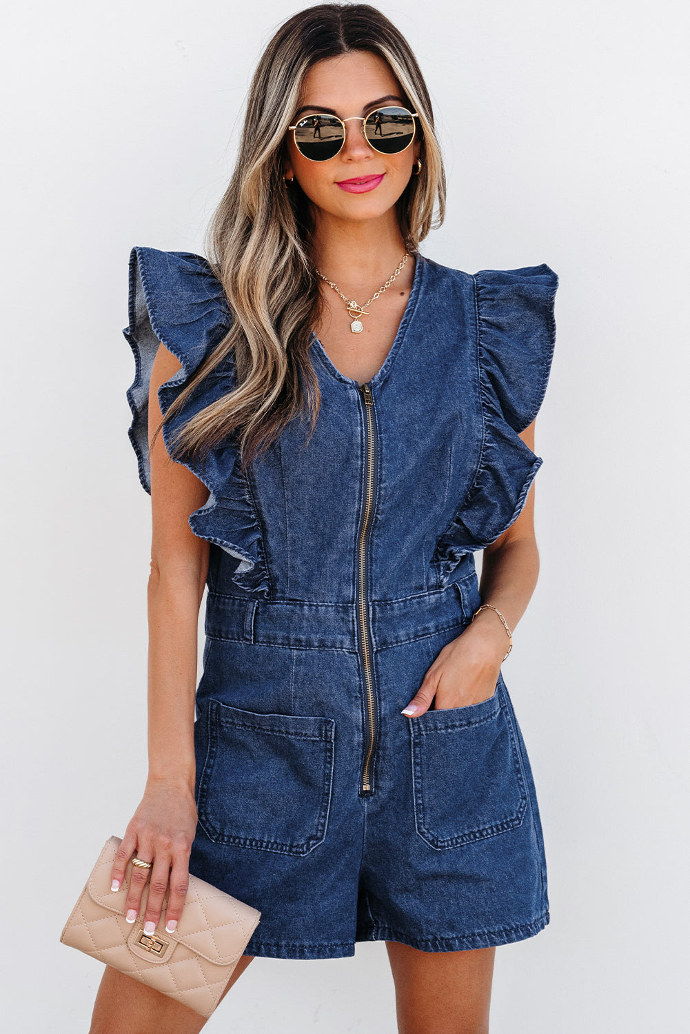 Sail Blue Denim Ruffled Zipped Front Belted Romper eAura