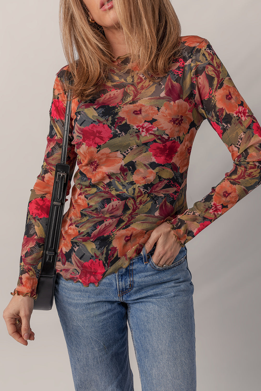 Multicolour Floral Print Lettuce Trim Long Sleeve Mesh Top - eAura