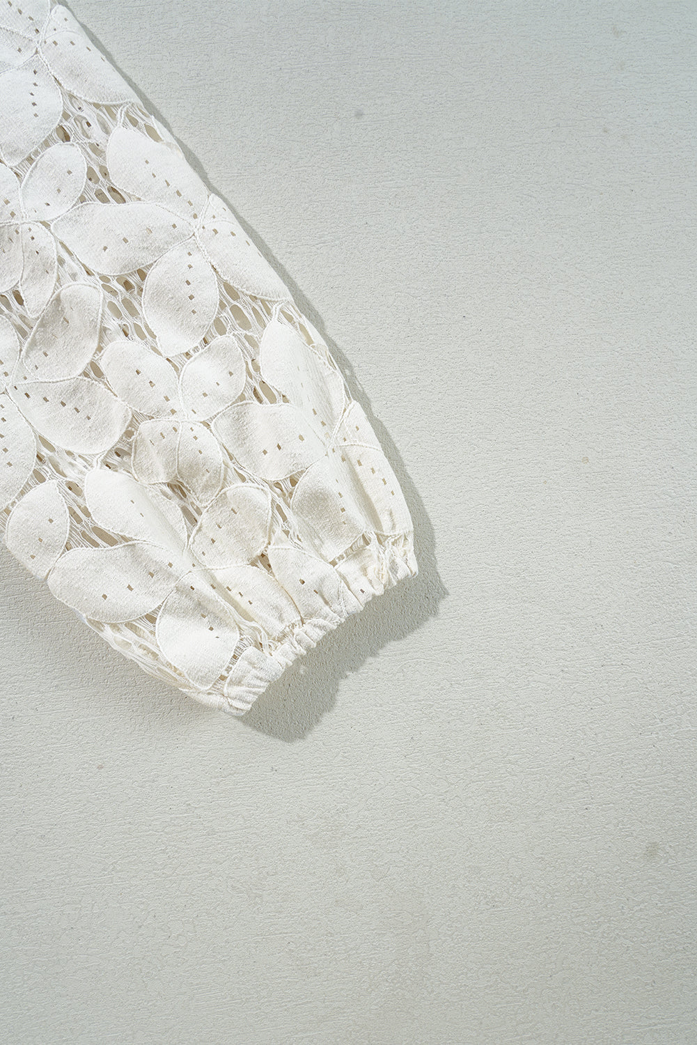 White Scalloped V Neckline Lace Hollowed Lantern Sleeve Blouse eAura