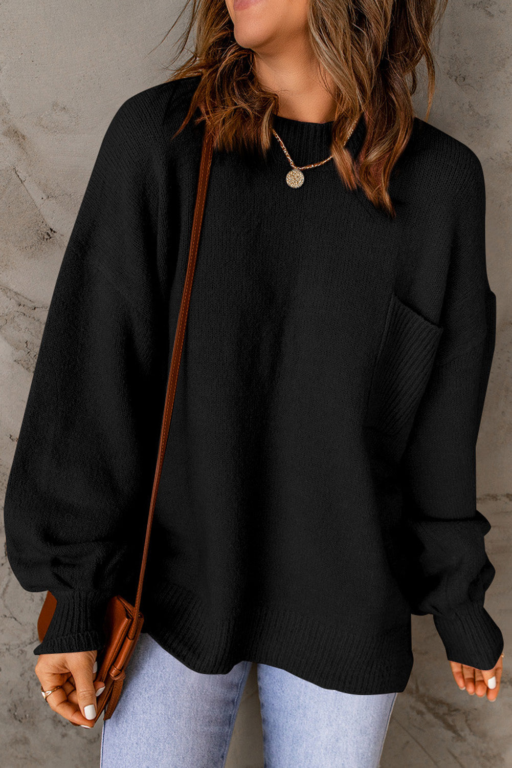 Black Solid Colour Puffy Sleeve Pocketed Sweater eAura