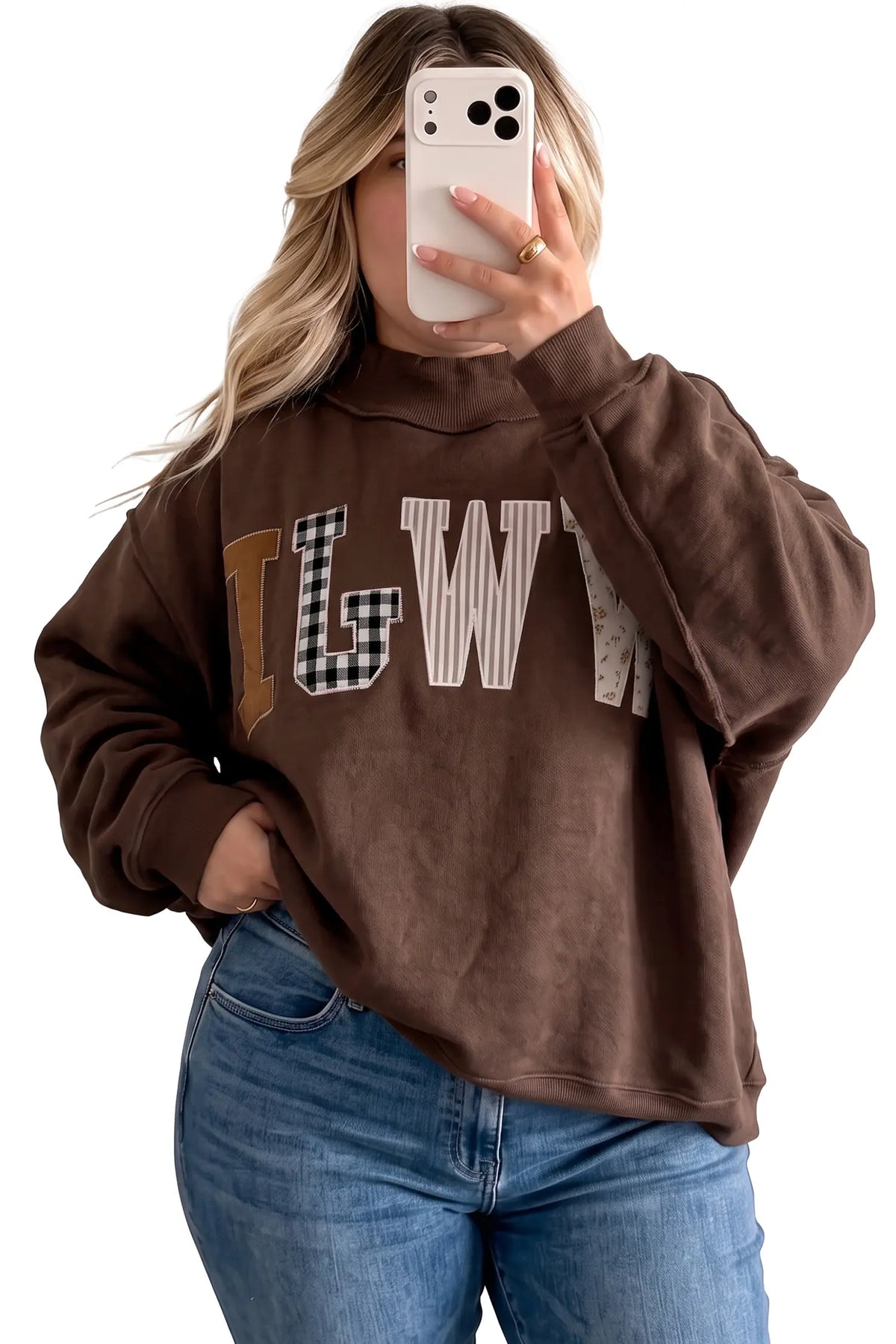 WWJD Mix Pattern Letter Graphic Exposed Seam Loose Plus Size Sweatshirt – Grey